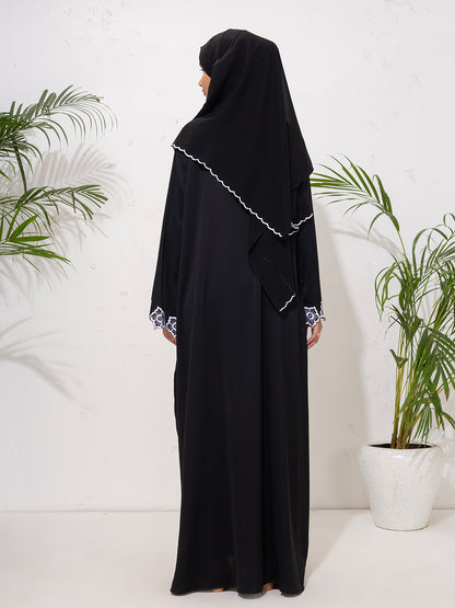 Black Abaya with White Embroidered Cuffs with scallop scarf