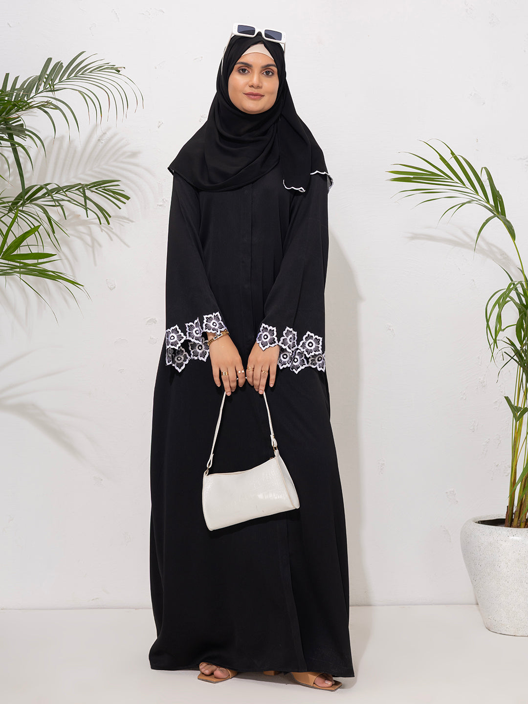 Black Abaya with White Embroidered Cuffs with scallop scarf