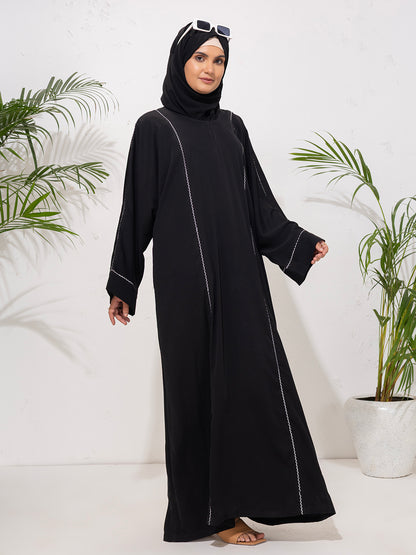 Minimalist Black Abaya with Contrast Embroidery Detailing with Scarf