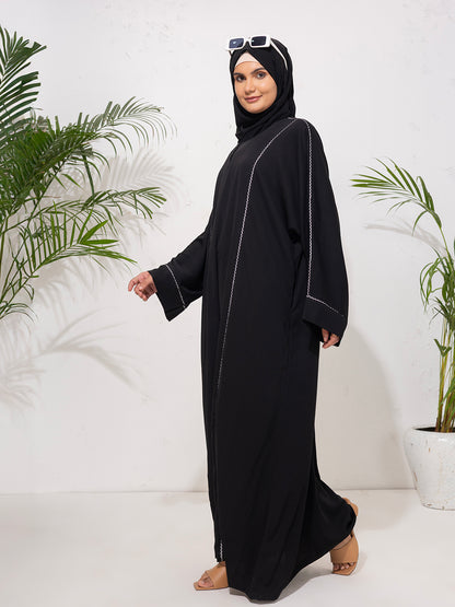 Minimalist Black Abaya with Contrast Embroidery Detailing with Scarf