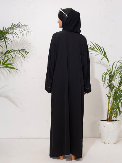 Minimalist Black Abaya with Contrast Embroidery Detailing with Scarf