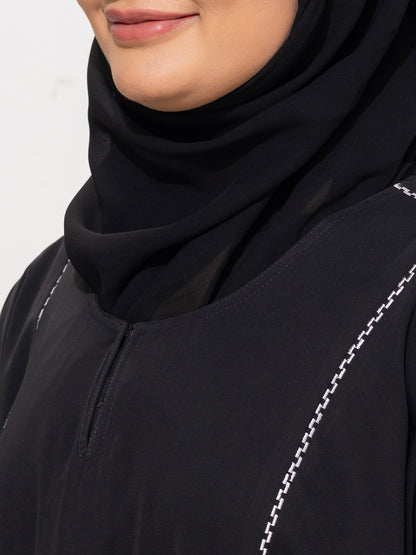 Minimalist Black Abaya with Contrast Embroidery Detailing with Scarf