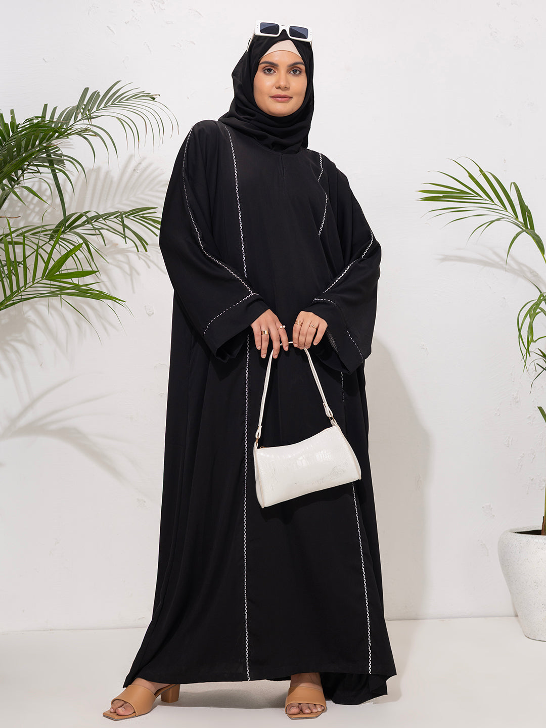 Minimalist Black Abaya with Contrast Embroidery Detailing with Scarf