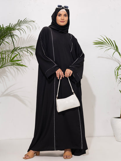 Minimalist Black Abaya with Contrast Embroidery Detailing with Scarf