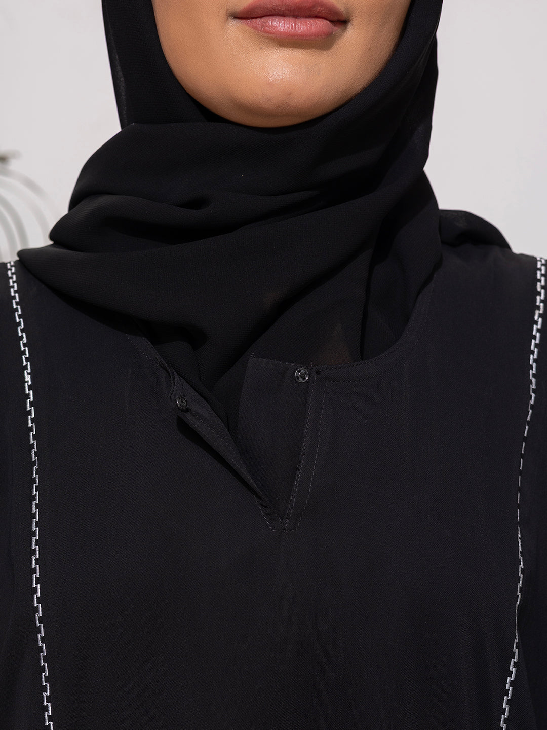 Minimalist Black Abaya with Contrast Embroidery Detailing with Scarf
