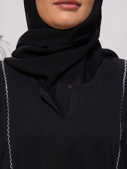 Minimalist Black Abaya with Contrast Embroidery Detailing with Scarf