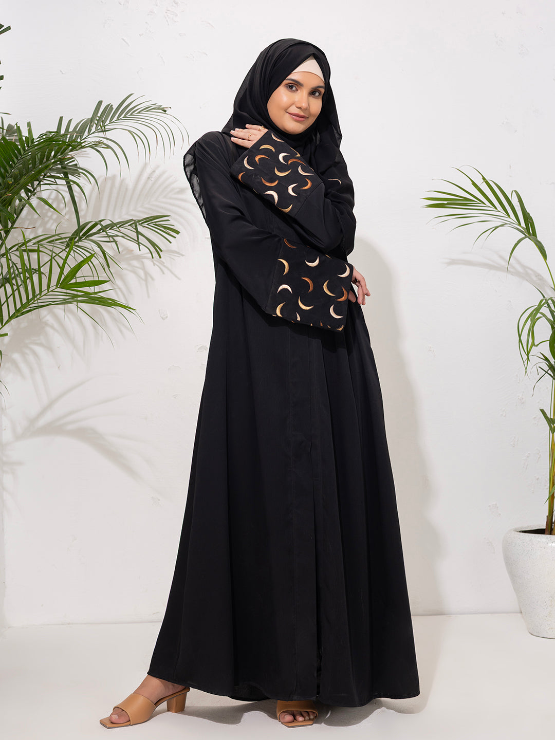 Black Abaya with Crescent Embroidered Sleeves with Embroidered scarf