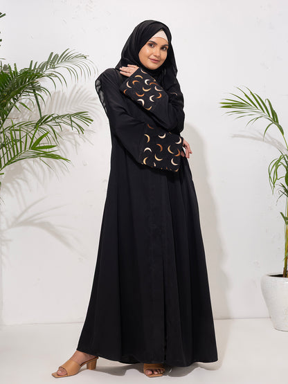Black Abaya with Crescent Embroidered Sleeves with Embroidered scarf