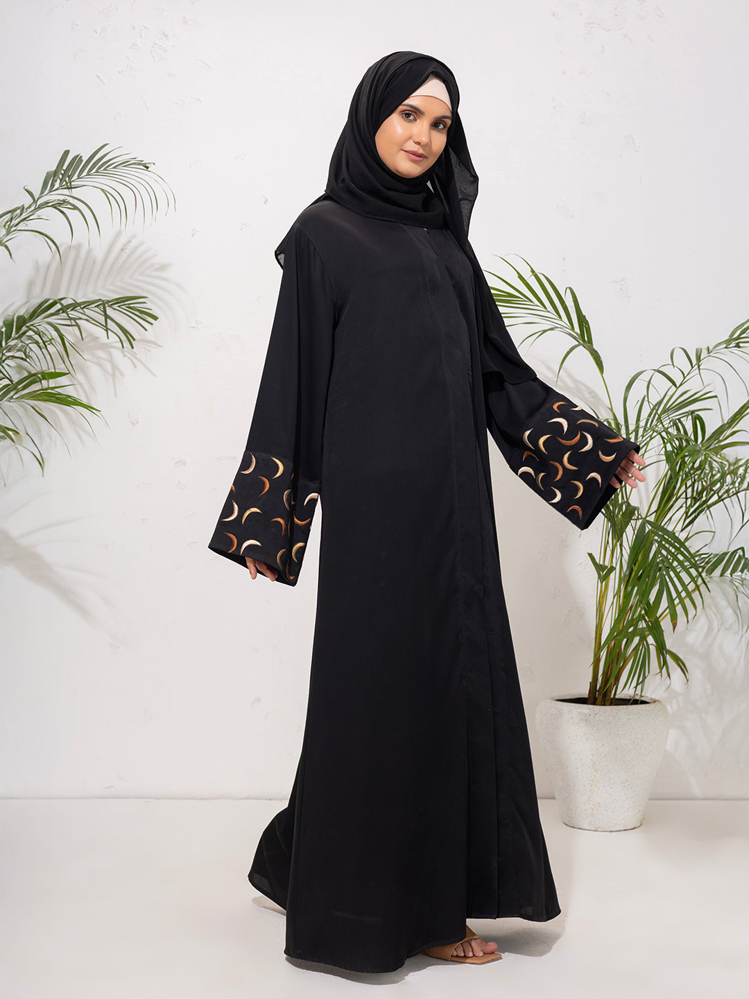 Black Abaya with Crescent Embroidered Sleeves with Embroidered scarf