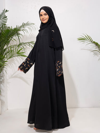 Black Abaya with Crescent Embroidered Sleeves with Embroidered scarf