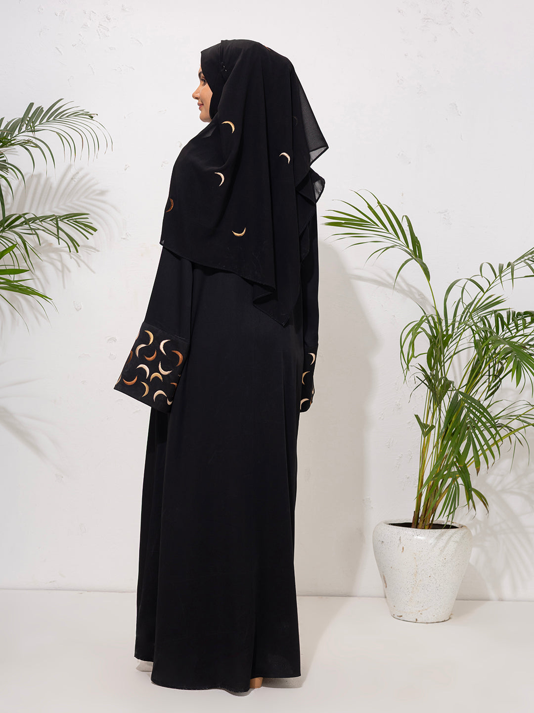 Black Abaya with Crescent Embroidered Sleeves with Embroidered scarf