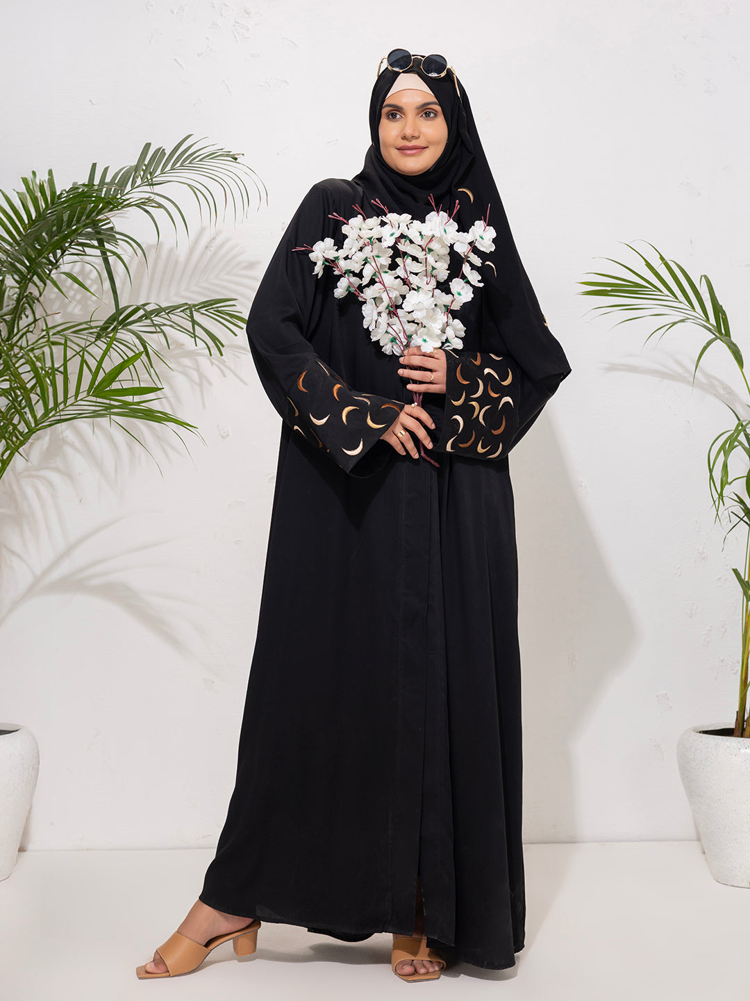 Black Abaya with Crescent Embroidered Sleeves with Embroidered scarf