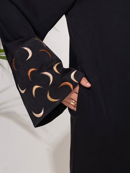 Black Abaya with Crescent Embroidered Sleeves with Embroidered scarf