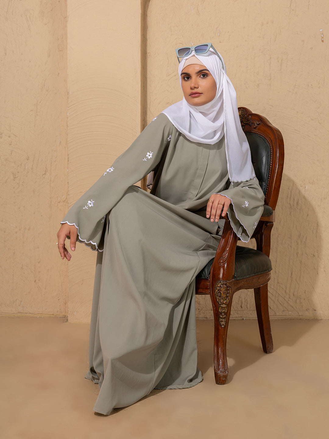 Sage Green Embroidered Abaya with Scallop Sleeve and scarf
