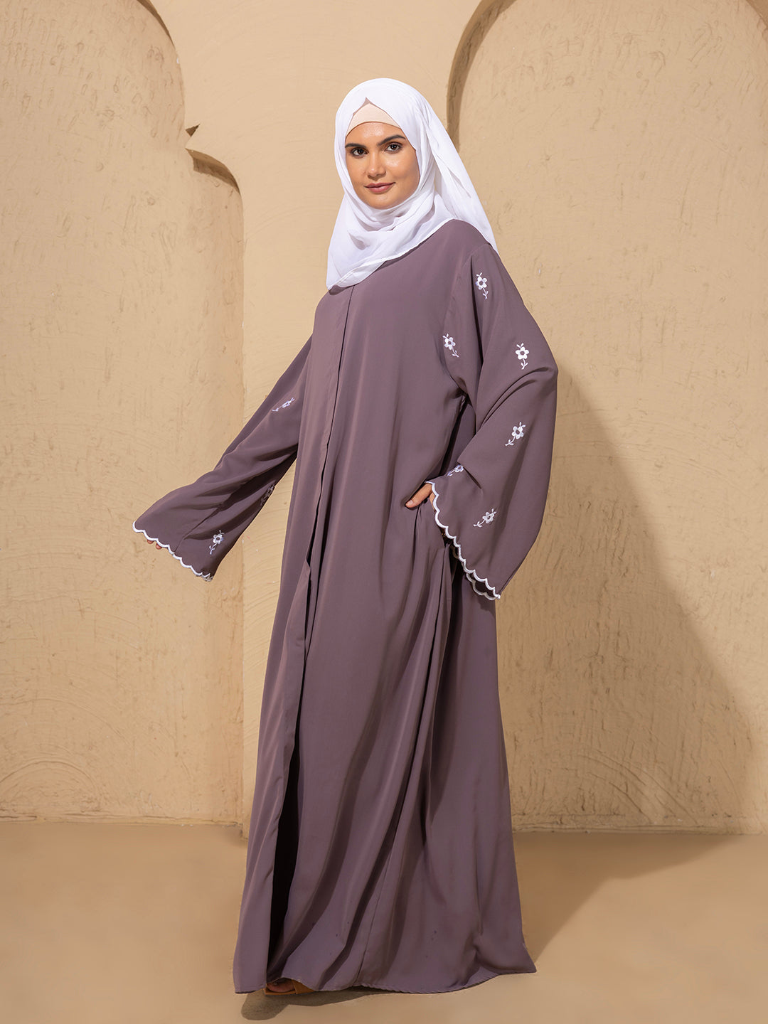 Dusty Mauve Embroidered Abaya with Scallop Detailing