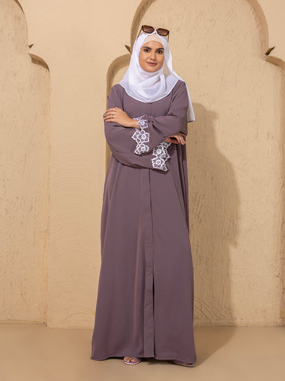 Mauve Embroidered Sleeve Abaya with Scarf