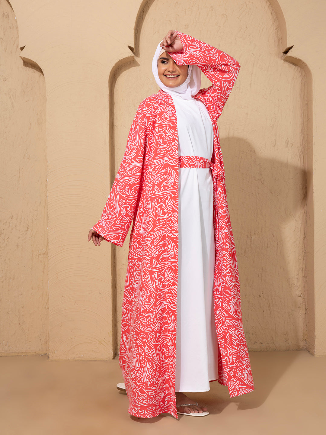 Elegant Pink & White Printed Kimono Set with inside slip and scarf