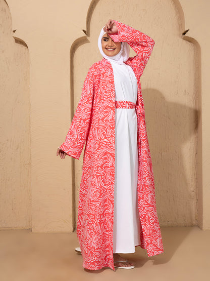 Elegant Pink & White Printed Kimono Set with inside slip and scarf