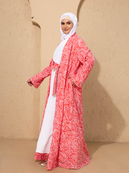 Elegant Pink & White Printed Kimono Set with inside slip and scarf