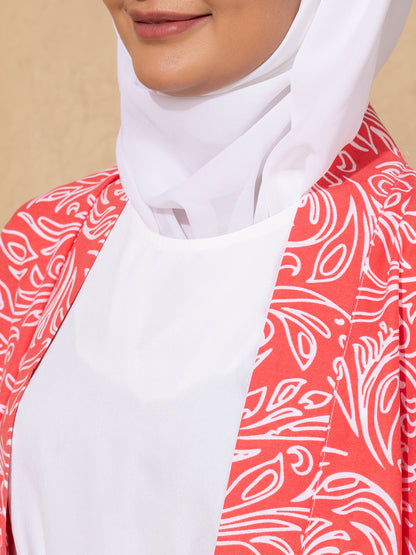 Elegant Pink & White Printed Kimono Set with inside slip and scarf