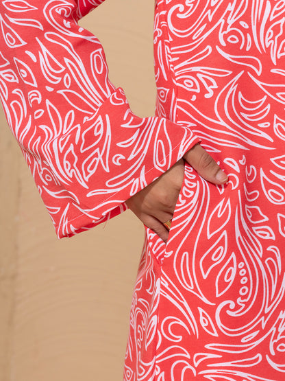 Elegant Pink & White Printed Kimono Set with inside slip and scarf