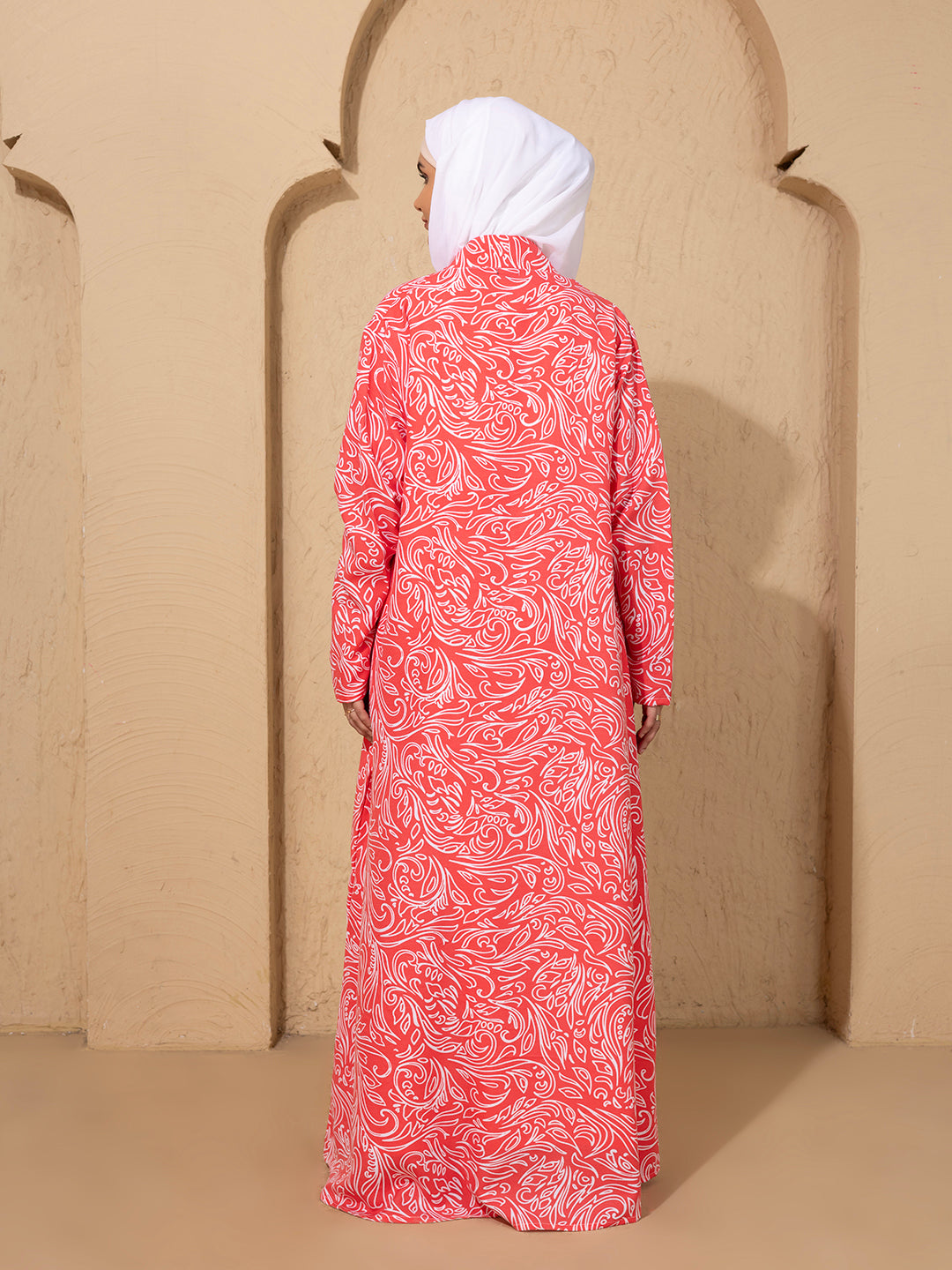 Elegant Pink & White Printed Kimono Set with inside slip and scarf