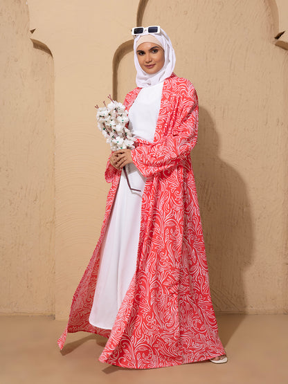 Elegant Pink & White Printed Kimono Set with inside slip and scarf