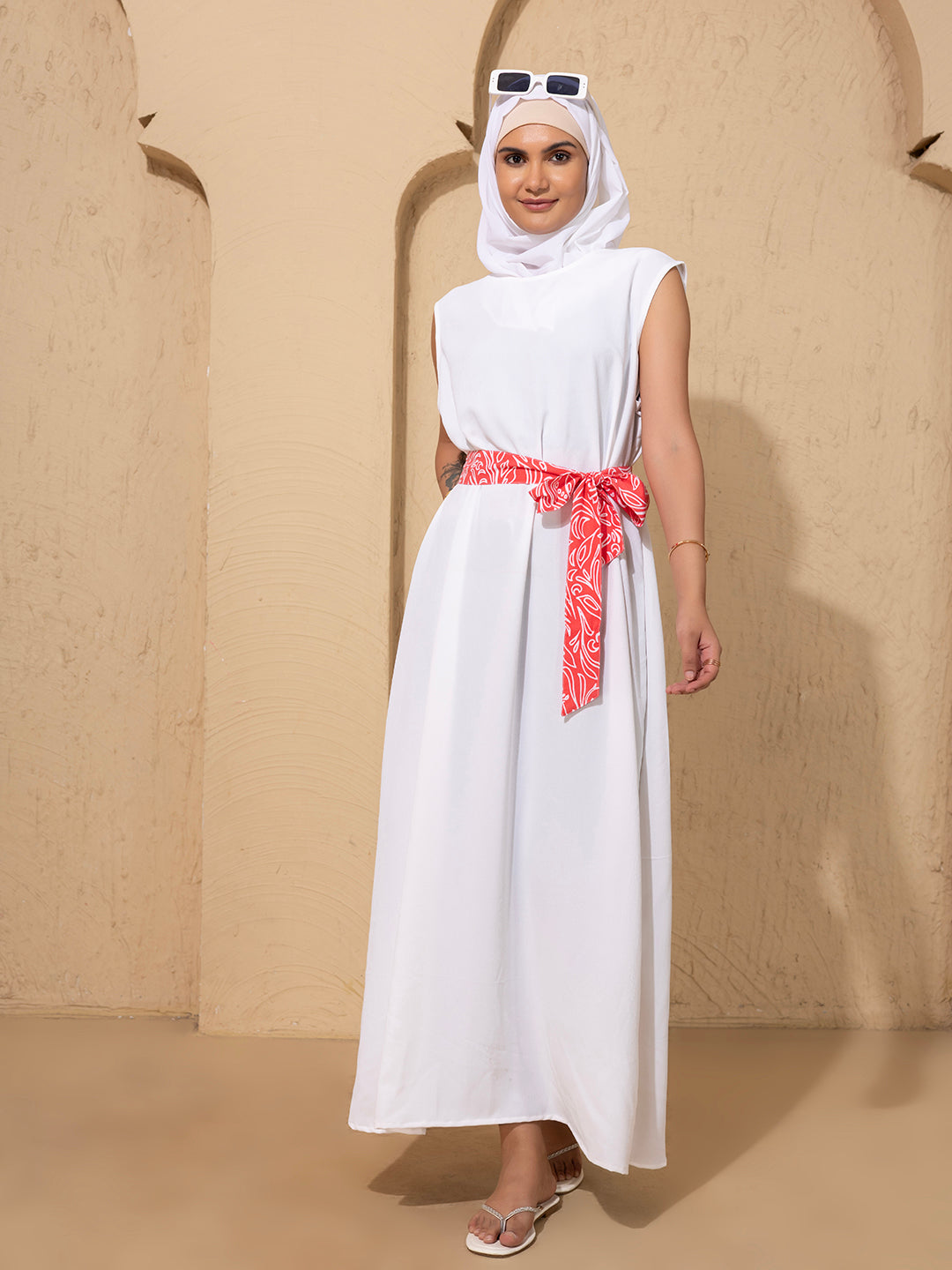 Elegant Pink & White Printed Kimono Set with inside slip and scarf