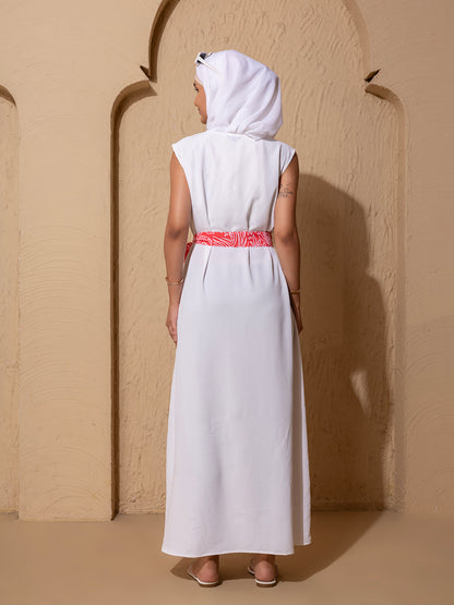 Pink Printed Open Abaya Set with inside slip scarf and belt