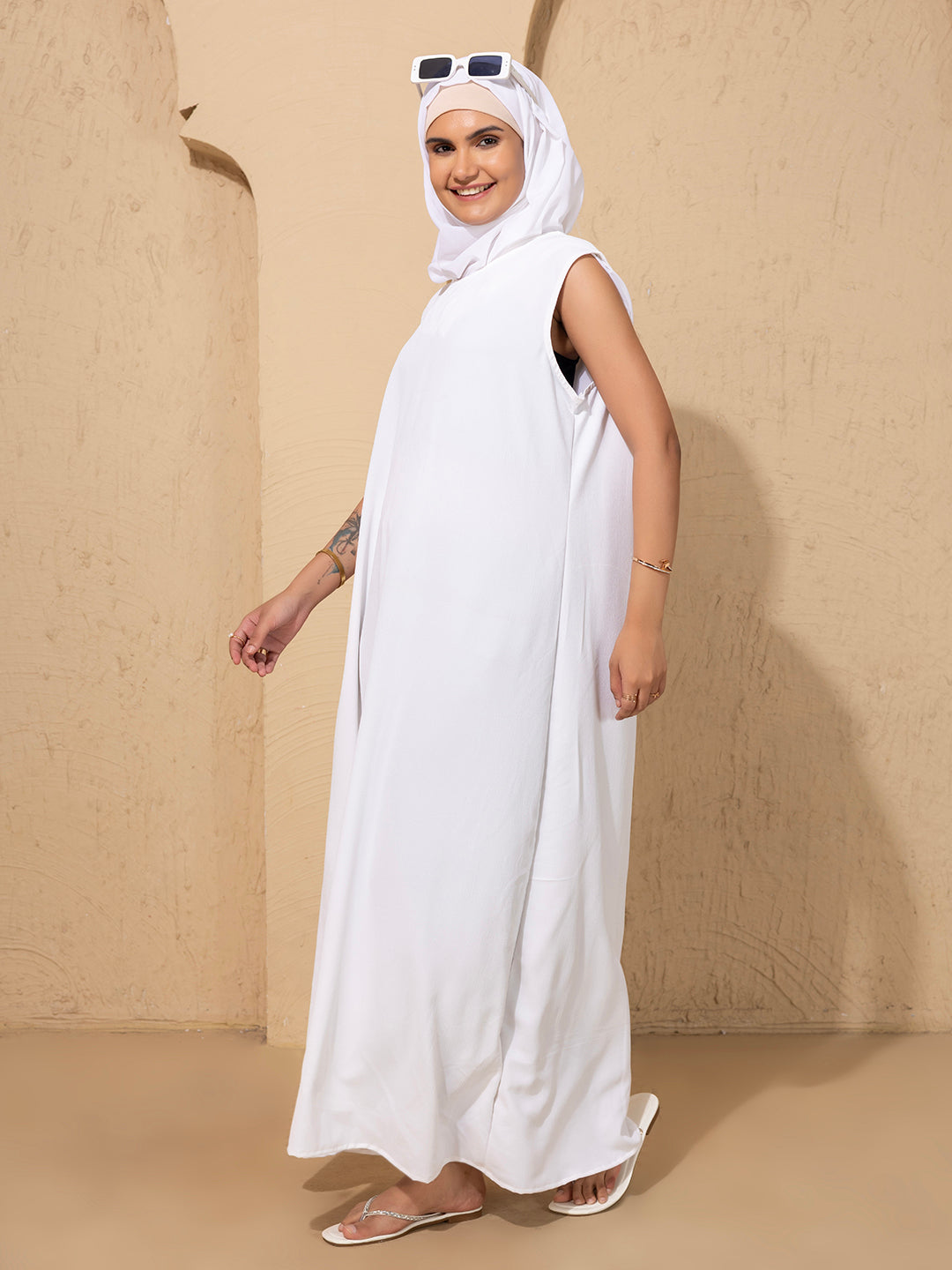 Pink Printed Open Abaya Set with inside slip scarf and belt
