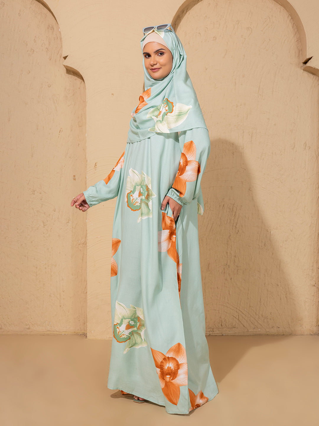 Elegant Floral Mint Green Abaya cum prayer gown with Hijab – Modest & Stylish
