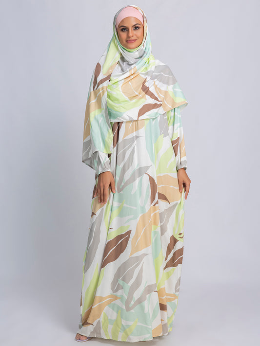 Pastel Leaf Print Modest prayer gown cum abaya
