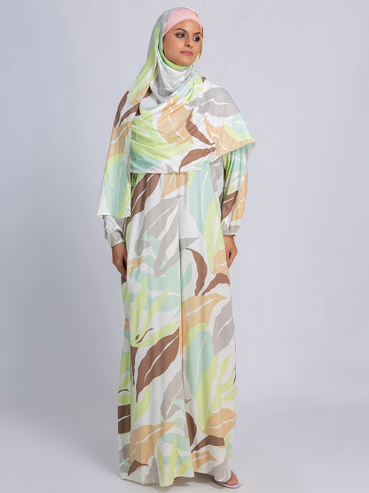 Pastel Leaf Print Modest prayer gown cum abaya