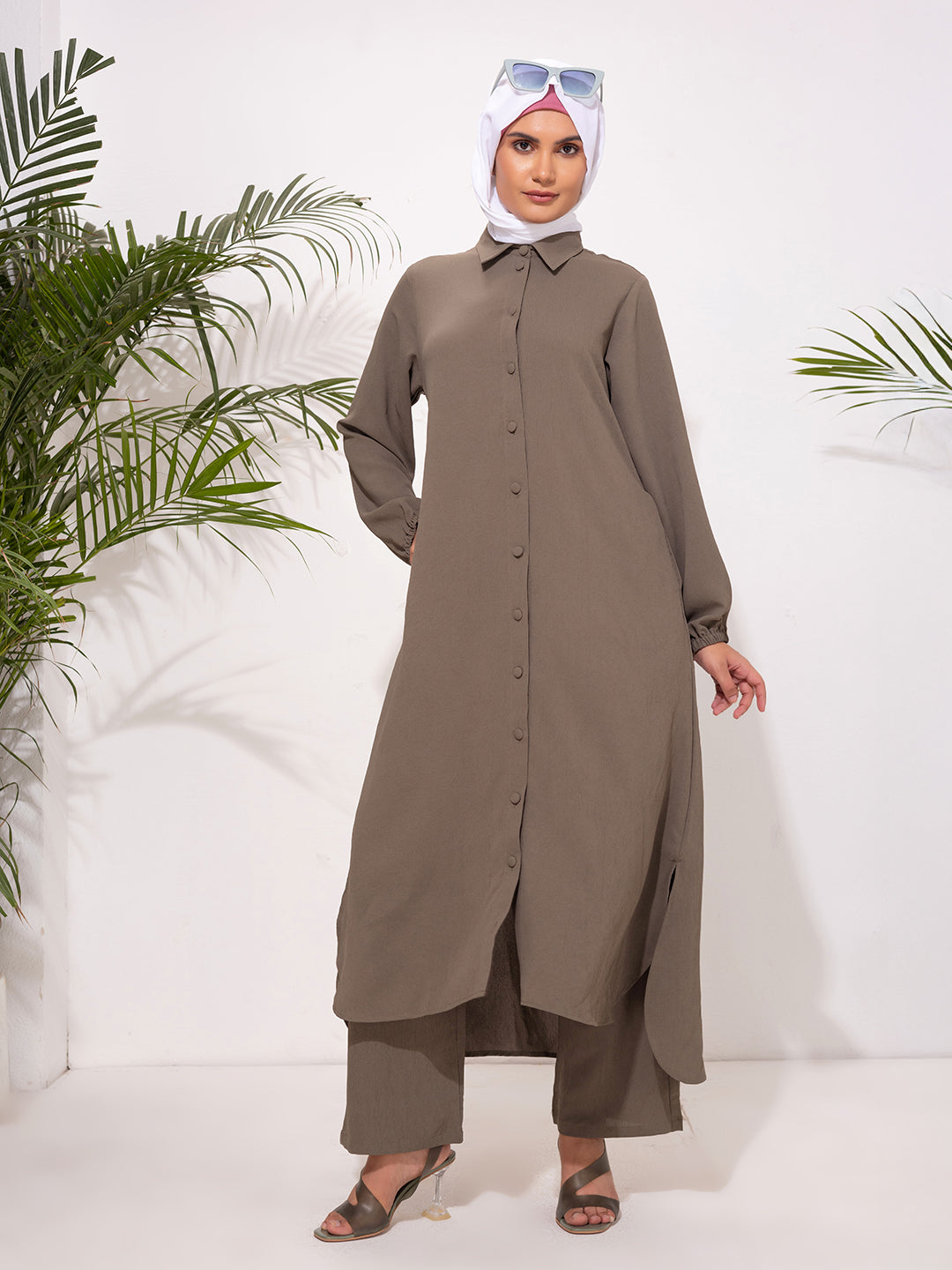 Modest Button-Down Long Tunic Set - Olive Brown