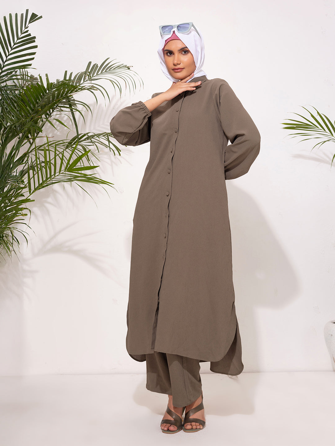 Modest Button-Down Long Tunic Set - Olive Brown