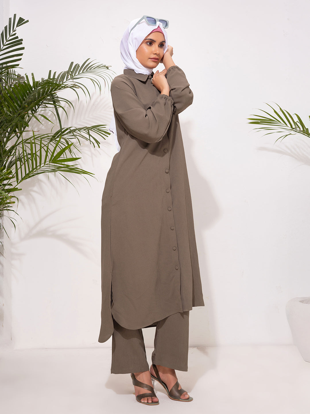 Modest Button-Down Long Tunic Set - Olive Brown