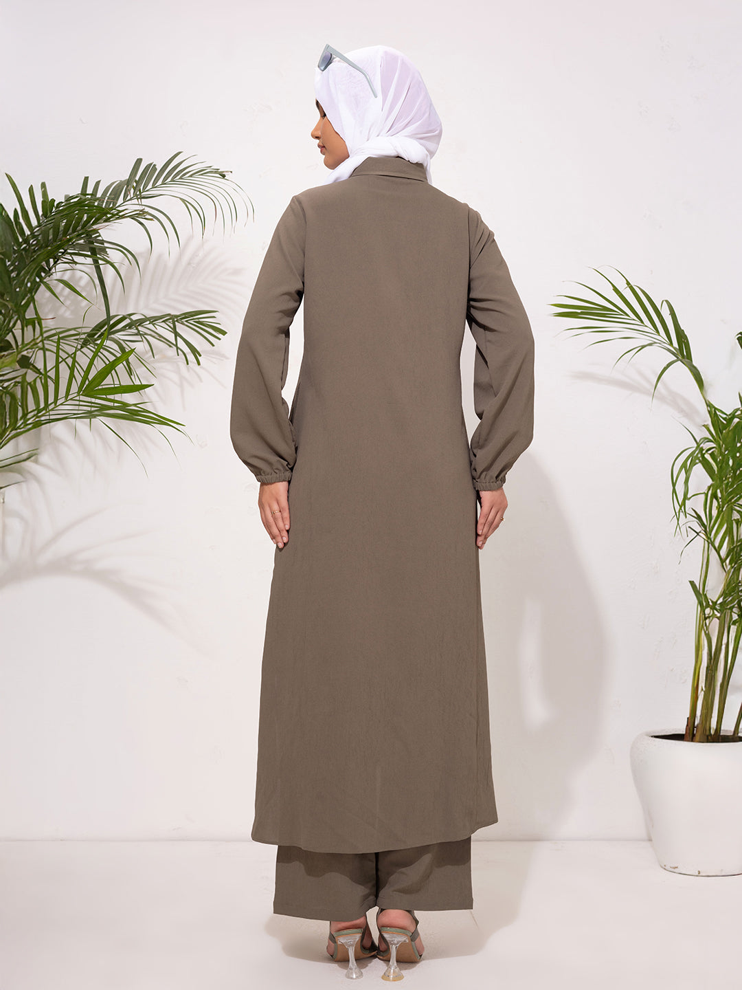 Modest Button-Down Long Tunic Set - Olive Brown