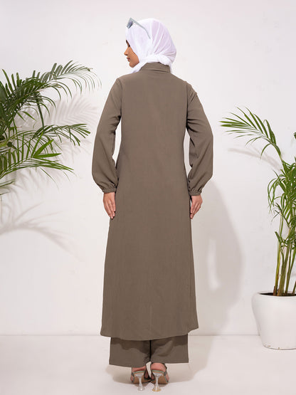 Modest Button-Down Long Tunic Set - Olive Brown