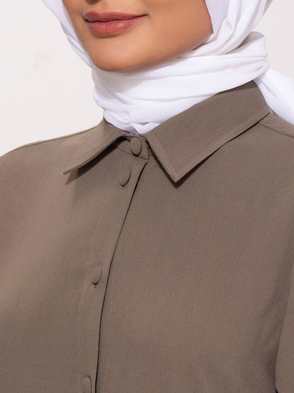 Modest Button-Down Long Tunic Set - Olive Brown