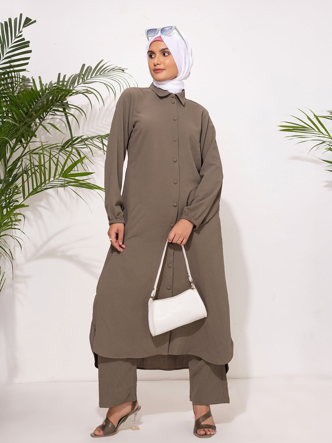 Modest Button-Down Long Tunic Set - Olive Brown