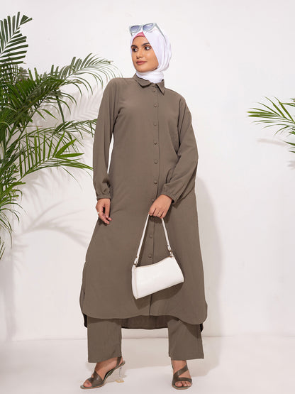 Modest Button-Down Long Tunic Set - Olive Brown