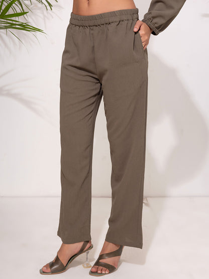 Modest Button-Down Long Tunic Set - Olive Brown