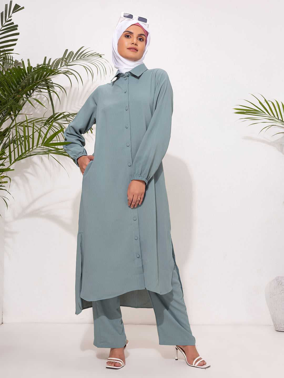Pastel Teal Button-Down Modest Set