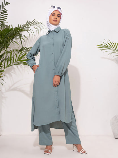 Pastel Teal Button-Down Modest Set