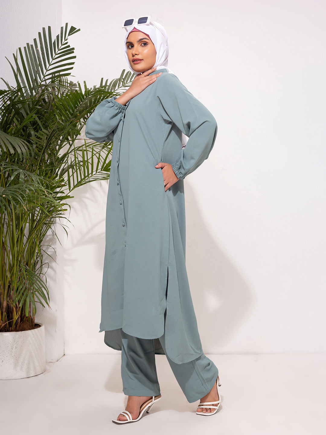 Pastel Teal Button-Down Modest Set
