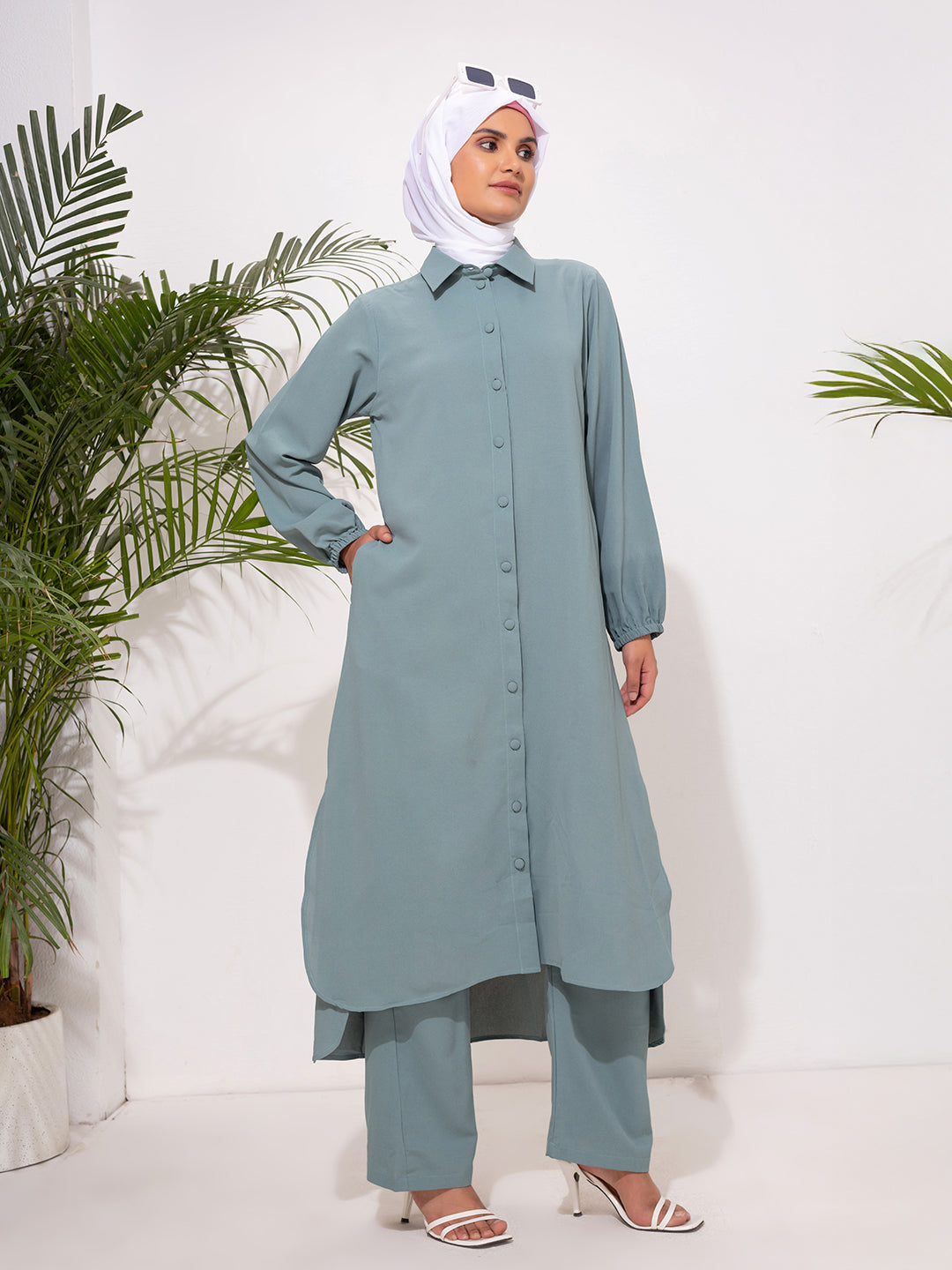 Pastel Teal Button-Down Modest Set