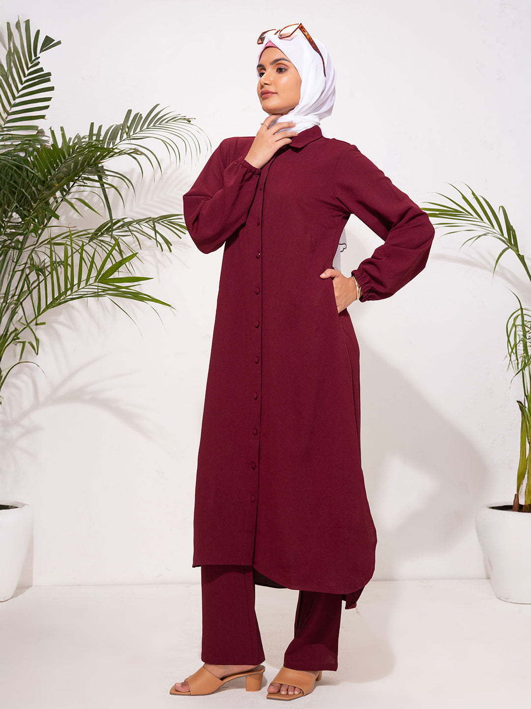 Deep Burgundy Modest Button-Down Set
