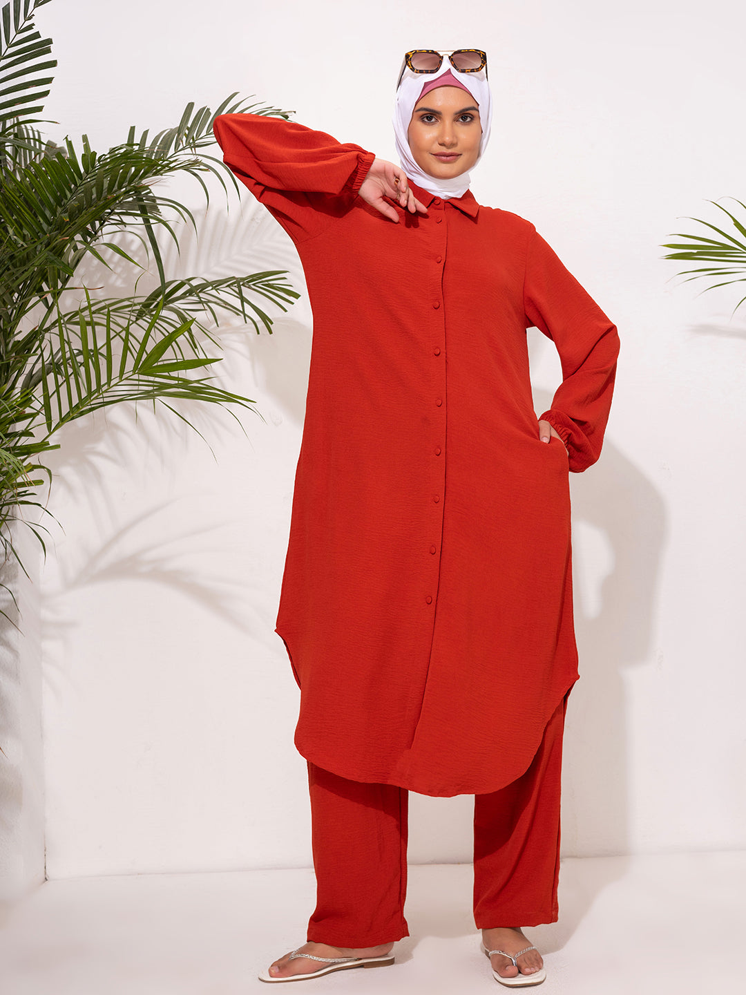Bold Rust Red Button-Down Modest Set