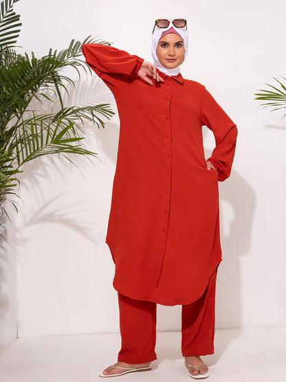 Bold Rust Red Button-Down Modest Set