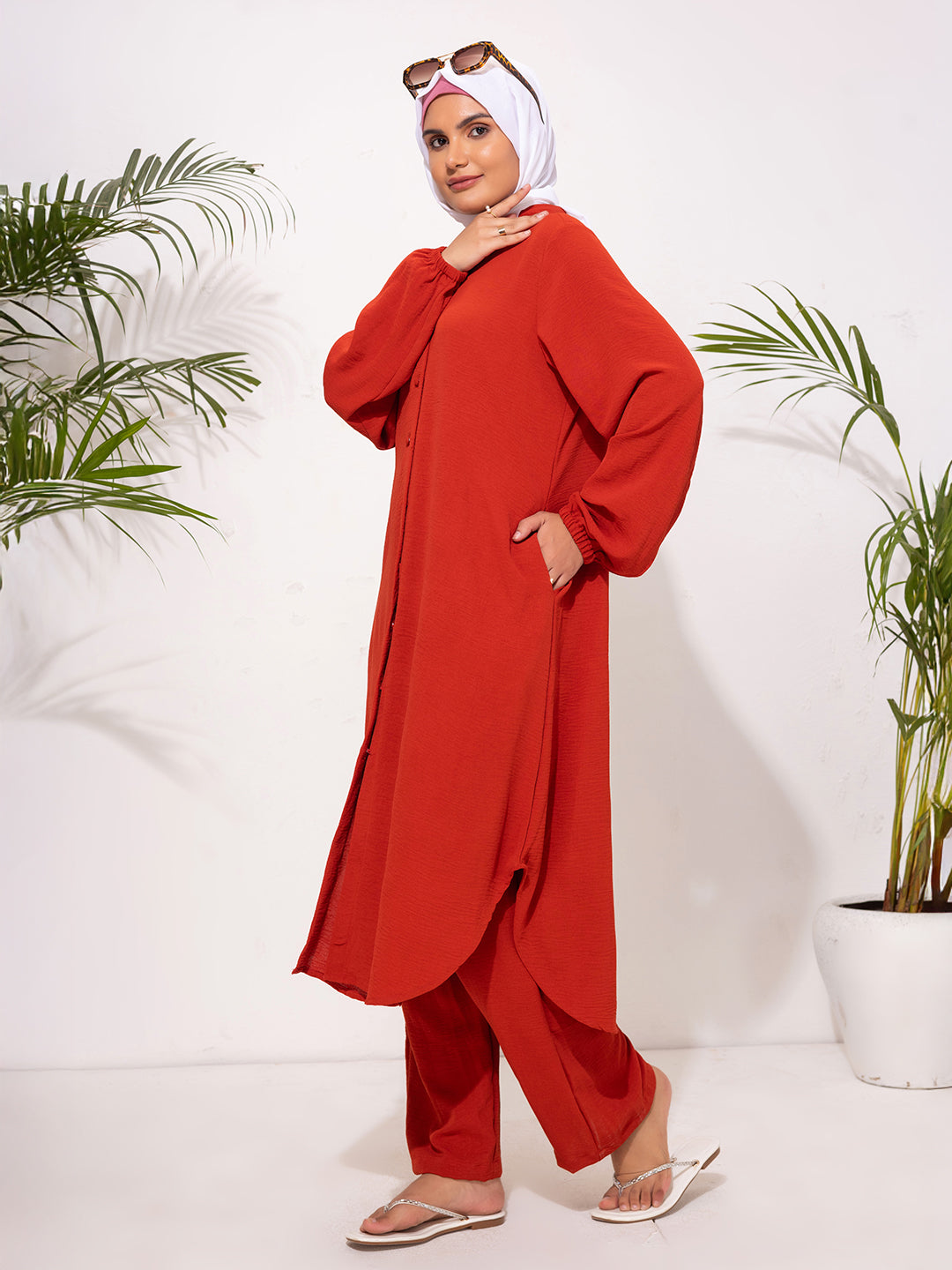 Bold Rust Red Button-Down Modest Set